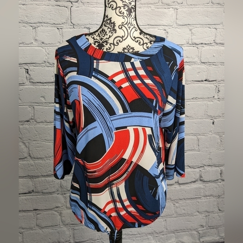 Worthington women's stretch knit tie waist geometric print top size small bb19